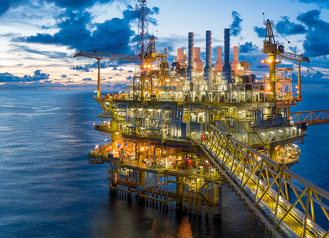 Panorama of Oil and Gas central processing platform in twilight. Panorama of Oil and Gas central processing platform in twilight.