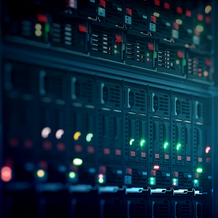 Servers close up. Modern datacenter. Cloud computing. Blade server and storage. 3d rendering